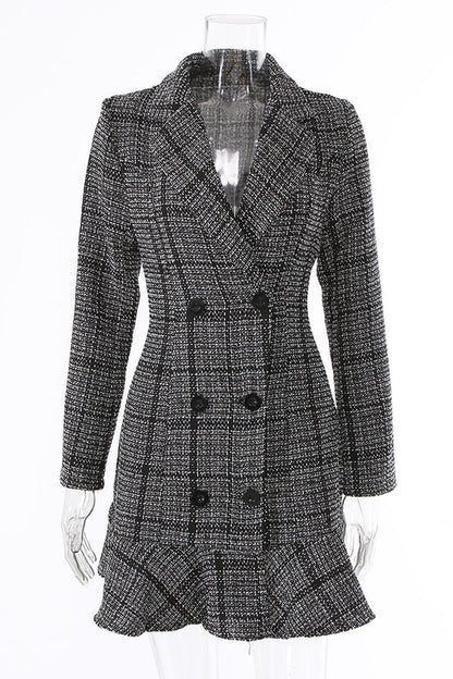 Vestidos elegantes de celebridades con falda y cuello vuelto a cuadros y patchwork