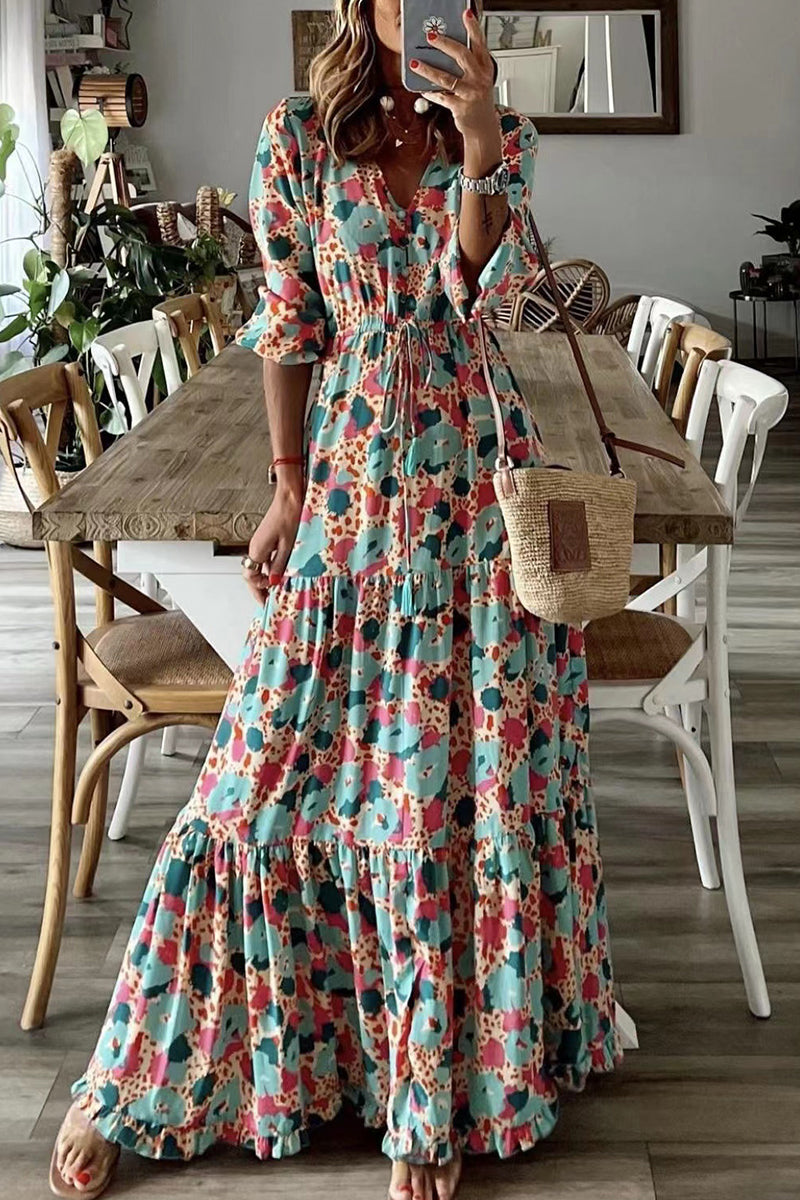 Vestido bohemio universitario con estampado floral y escote en V (6 colores)