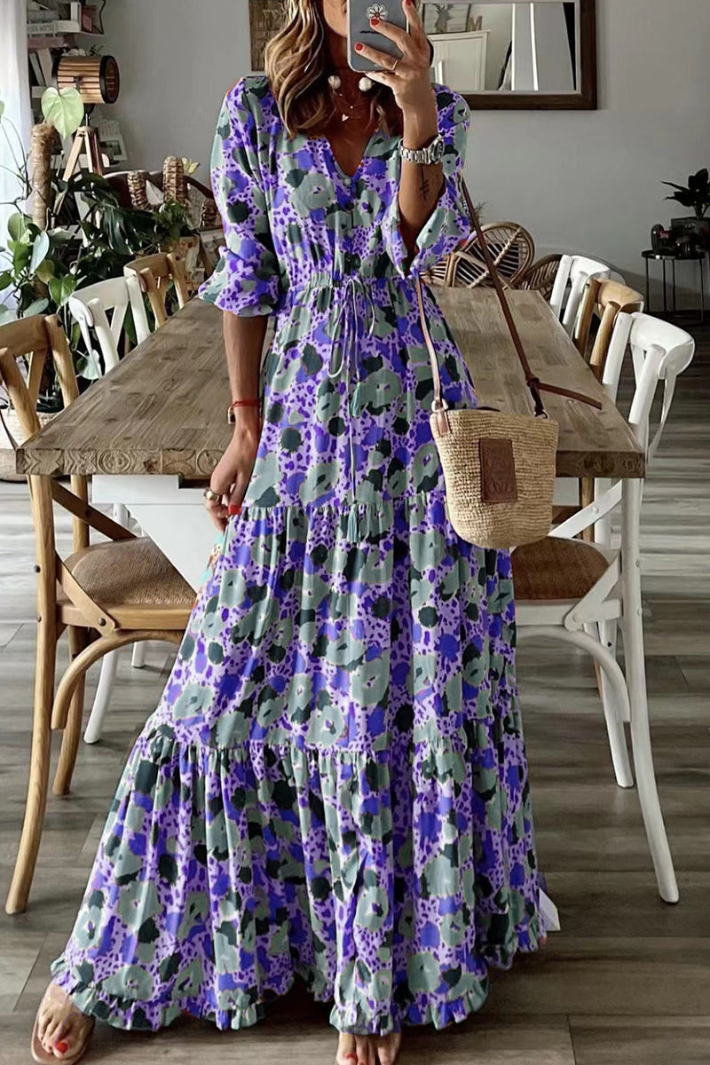 Vestido bohemio universitario con estampado floral y escote en V (6 colores)