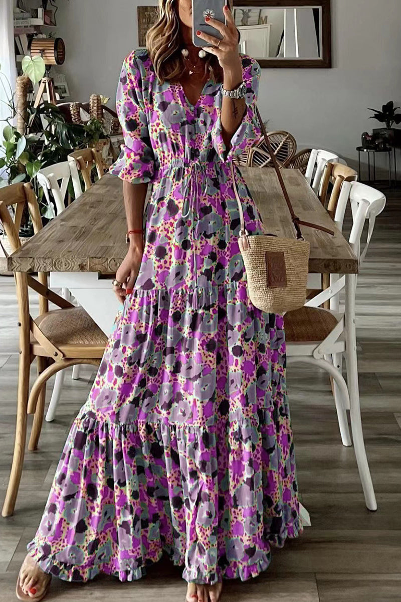 Vestido bohemio universitario con estampado floral y escote en V (6 colores)