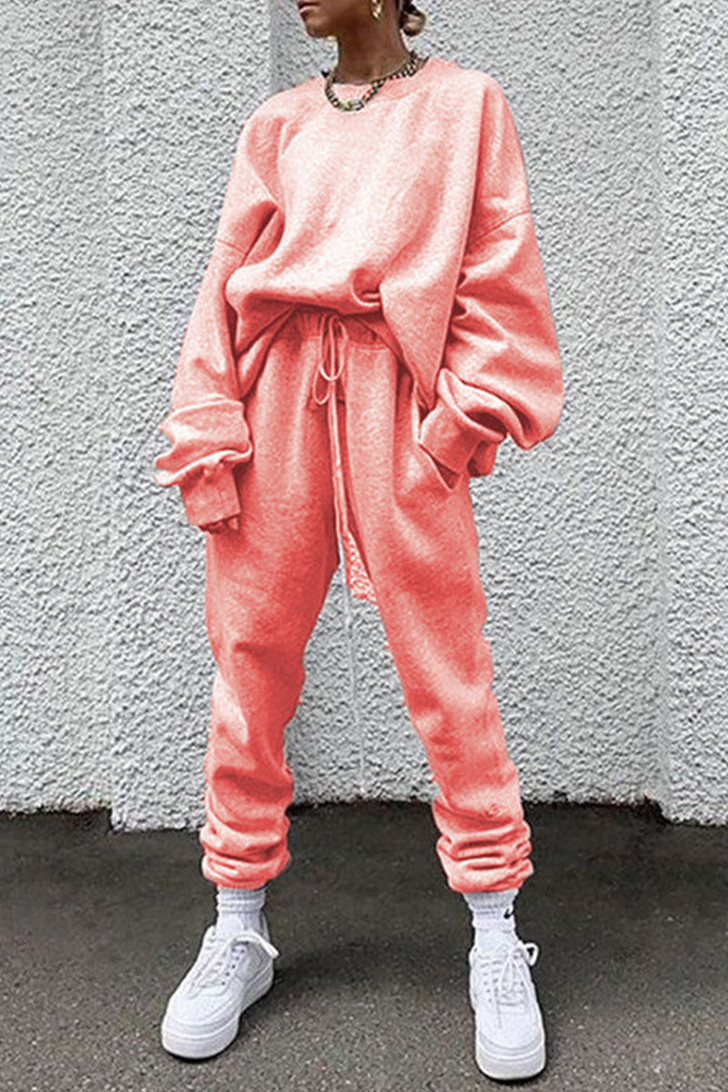 Conjunto informal de dos piezas con cuello redondo, manga larga y bolsillos lisos (14 colores)