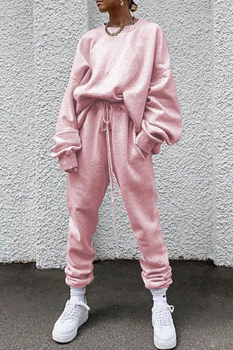 Conjunto informal de dos piezas con cuello redondo, manga larga y bolsillos lisos (14 colores)