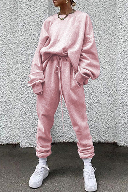 Conjunto informal de dos piezas con cuello redondo, manga larga y bolsillos lisos (14 colores)