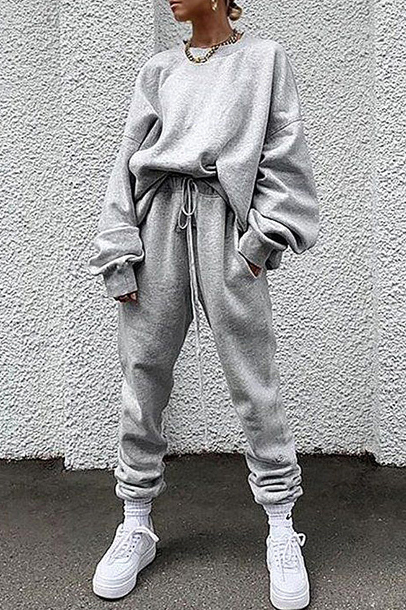 Conjunto informal de dos piezas con cuello redondo, manga larga y bolsillos lisos (14 colores)
