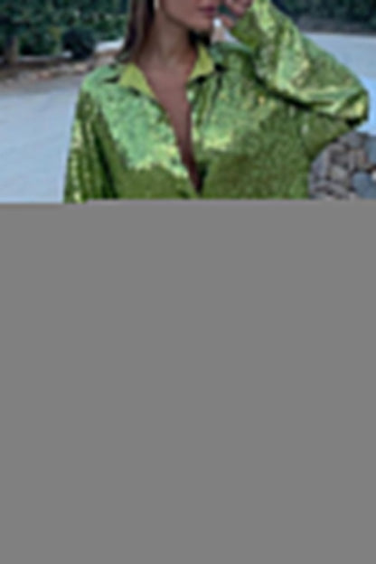 Casual Patchwork Sequins Shirt Collar Tops