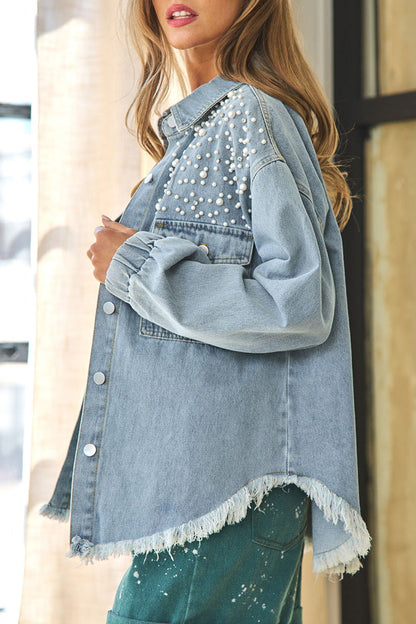 Chaqueta vaquera holgada de manga larga con cuello vuelto, borlas y abalorios de patchwork urbano