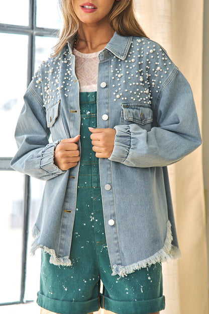 Chaqueta vaquera holgada de manga larga con cuello vuelto, borlas y abalorios de patchwork urbano