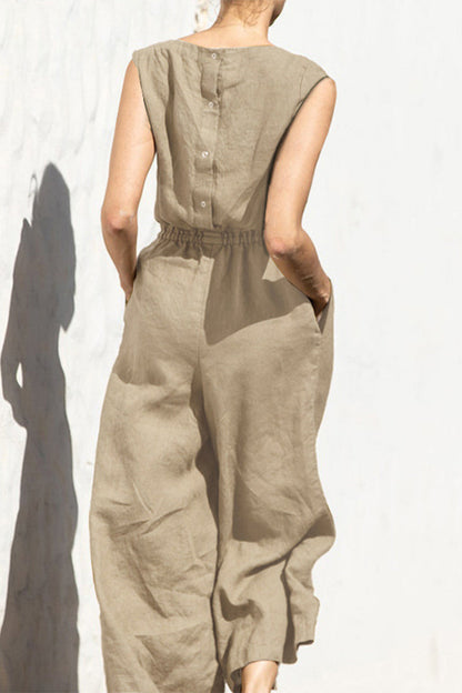 Casual Simplicity Solid Pocket O Neck Loose Jumpsuits