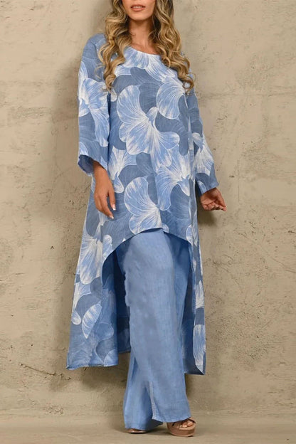 Conjunto informal floral asimétrico de cuello redondo y manga larga de dos piezas (4 colores)
