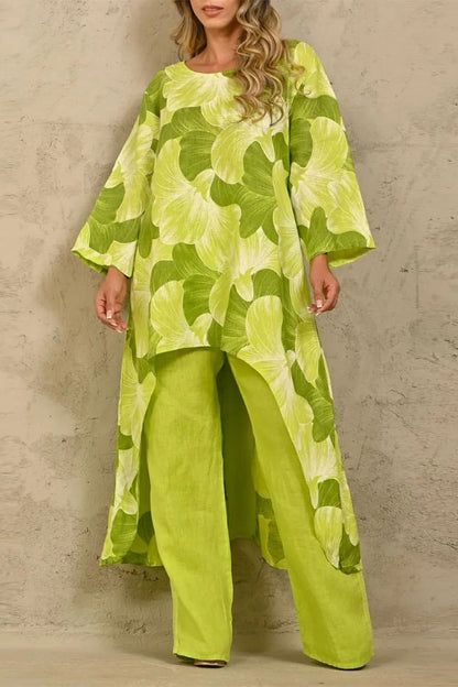 Conjunto informal floral asimétrico de cuello redondo y manga larga de dos piezas (4 colores)