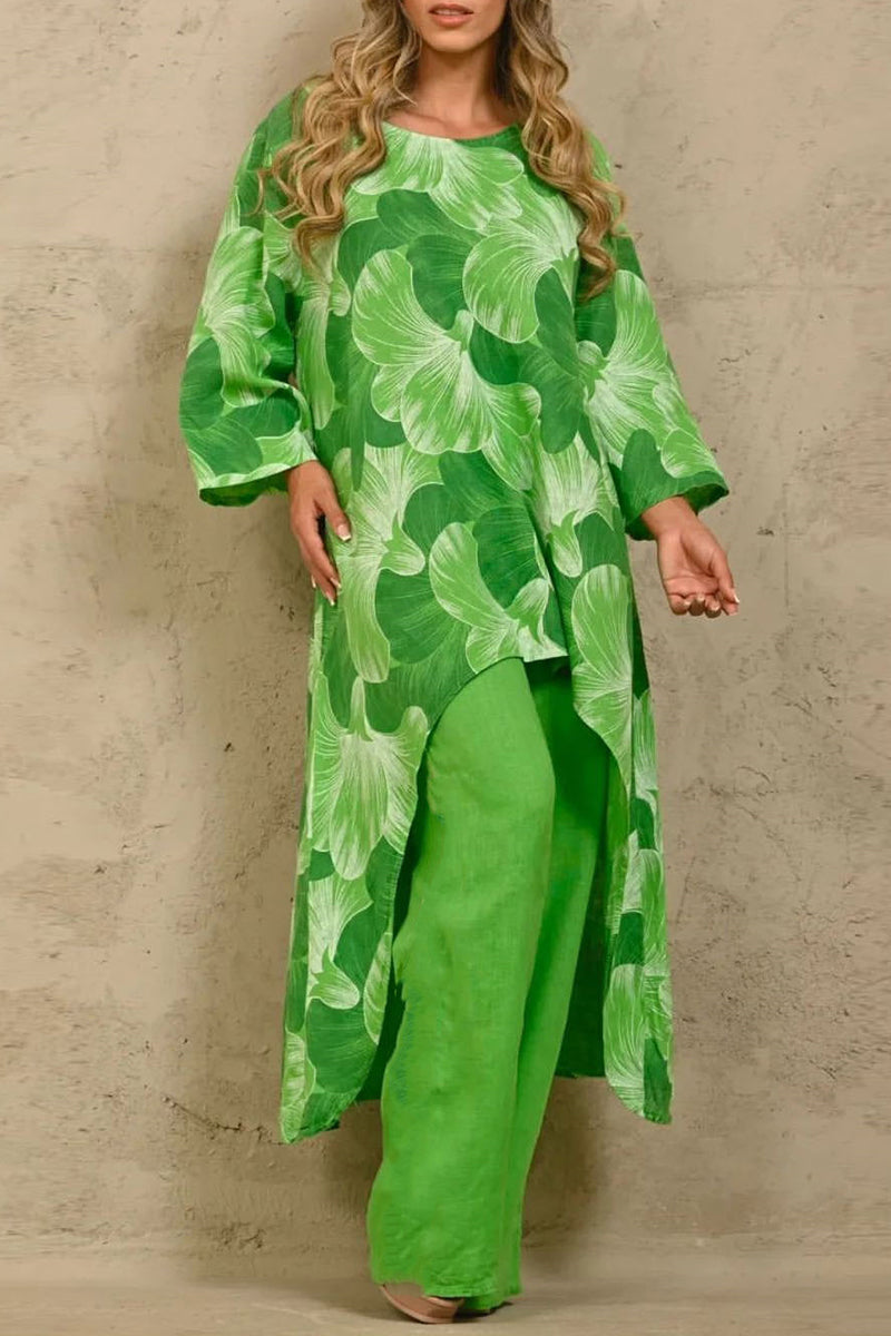 Conjunto informal floral asimétrico de cuello redondo y manga larga de dos piezas (4 colores)