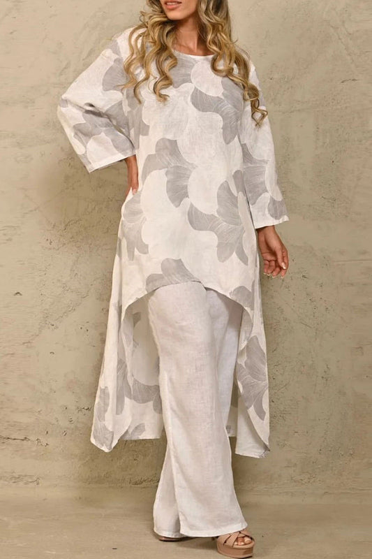 Conjunto informal floral asimétrico de cuello redondo y manga larga de dos piezas (4 colores)