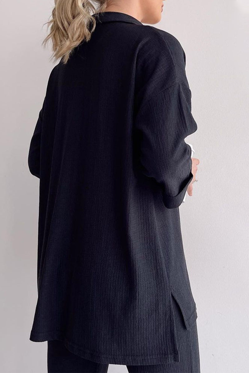Conjunto informal de dos piezas con botones sólidos, cuello vuelto y manga larga