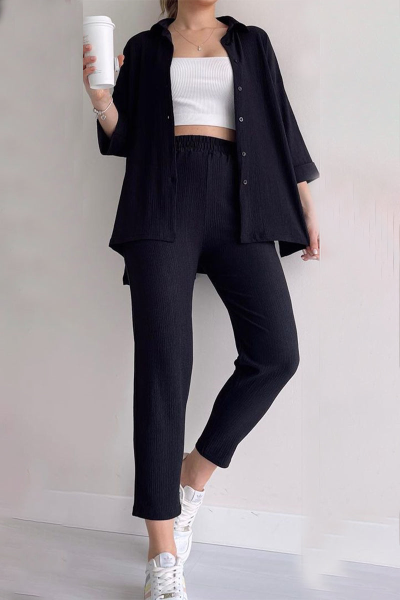 Conjunto informal de dos piezas con botones sólidos, cuello vuelto y manga larga