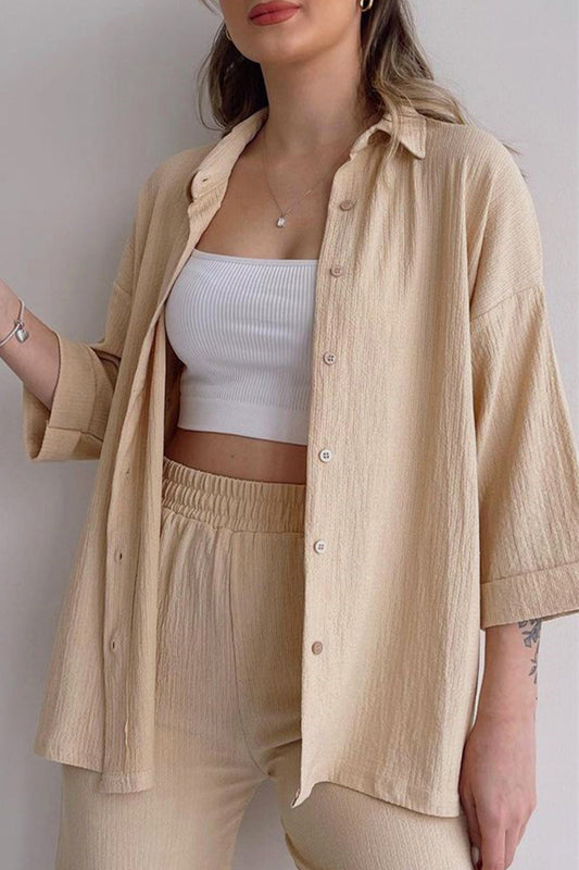 Conjunto informal de dos piezas con botones sólidos, cuello vuelto y manga larga