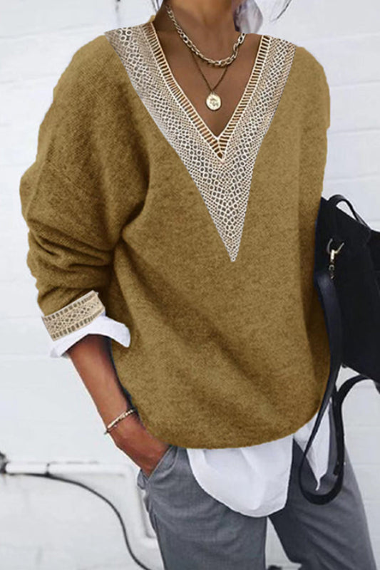 Tops casuales de cuello en V con patchwork sólido