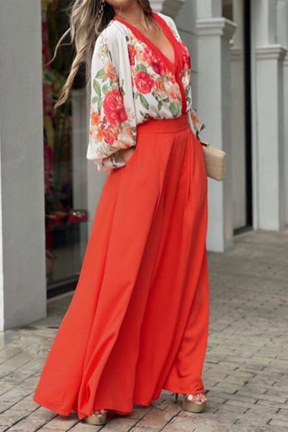 Elegante conjunto de dos piezas con cuello en V, manga larga y bolsillo floral