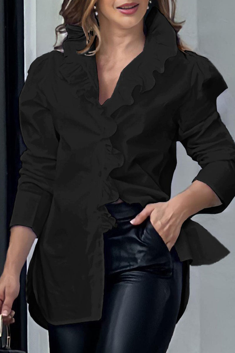 Blusa informal con cuello vuelto, volantes y hebillas de patchwork (8 colores)