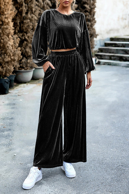 Elegant Solid Pocket O Neck Long Sleeve Two Pieces