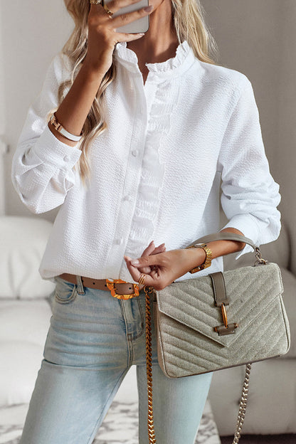 Blusas de estilo británico con cuello de hoja de loto y patchwork liso (4 colores)