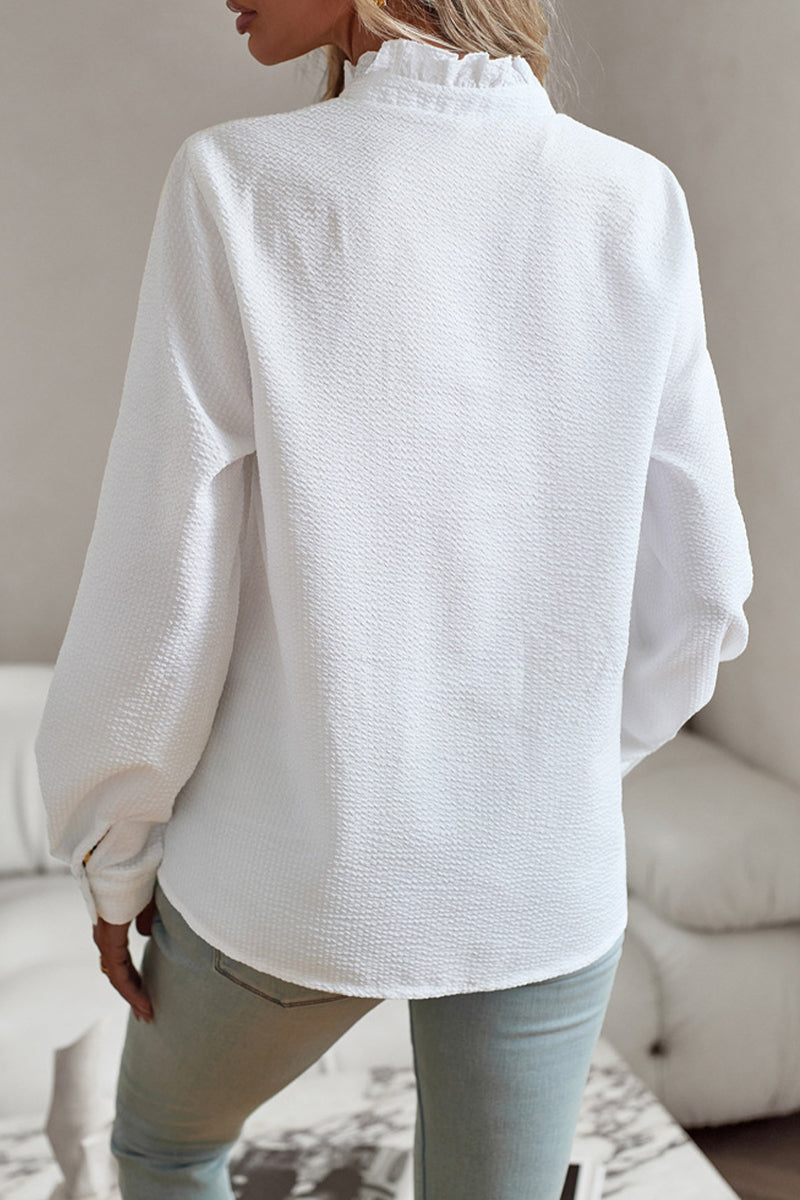 Blusas de estilo británico con cuello de hoja de loto y patchwork liso (4 colores)