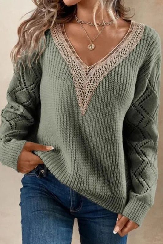 Tops casuales de encaje liso con cuello en V