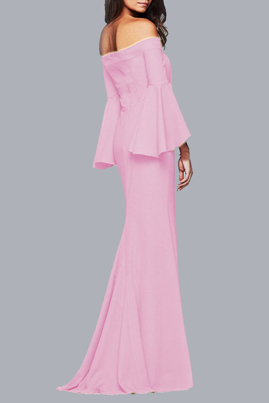 Elegante vestido de noche liso con volantes y hombros descubiertos