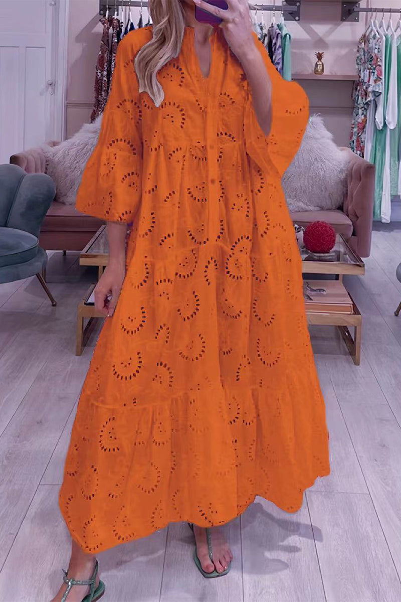Casual Solid Hollowed Out V Neck A Line Dresses
