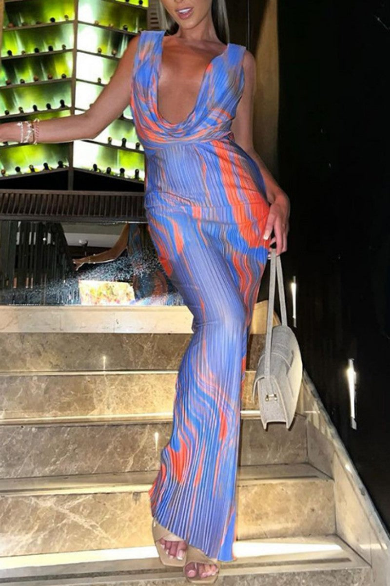Vestido largo con escote en V y espalda descubierta con estampado sexy