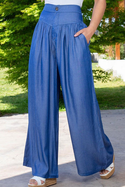 Pantalones de retazos de pierna ancha, cintura alta, holgados y con bolsillos sólidos