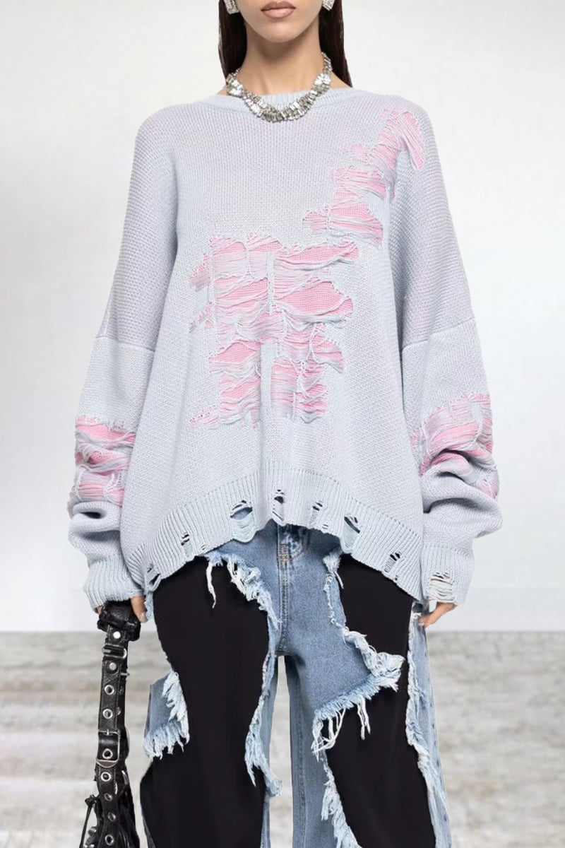 Casual Color Block Ripped Contrast O Neck Sweaters(3 Colors)