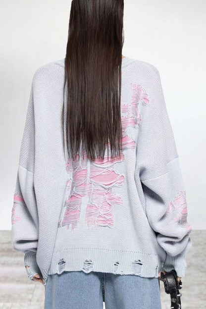 Casual Color Block Ripped Contrast O Neck Sweaters(3 Colors)