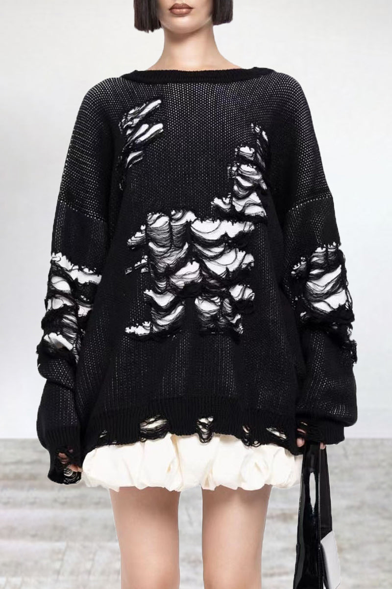 Casual Color Block Ripped Contrast O Neck Sweaters(3 Colors)