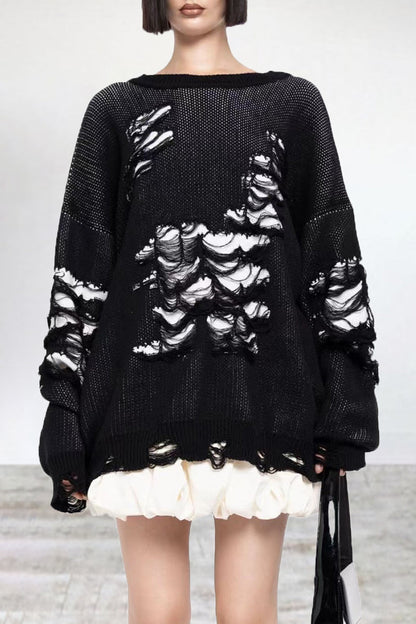 Casual Color Block Ripped Contrast O Neck Sweaters(3 Colors)