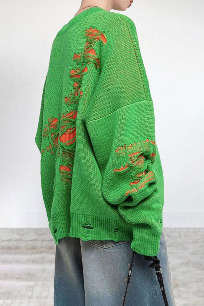 Casual Color Block Ripped Contrast O Neck Sweaters(3 Colors)