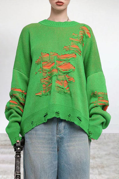 Casual Color Block Ripped Contrast O Neck Sweaters(3 Colors)