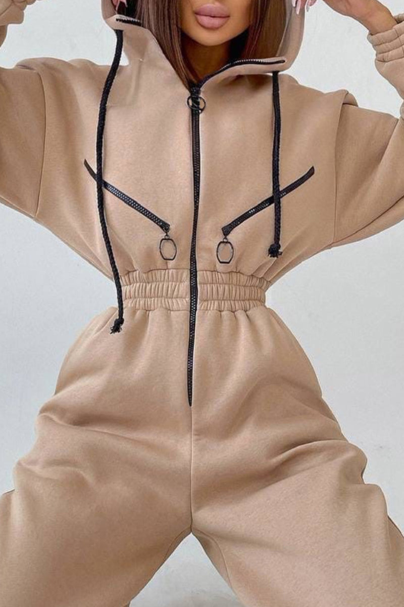 Street Solid Patchwork Hooded Collar Jumpsuits
