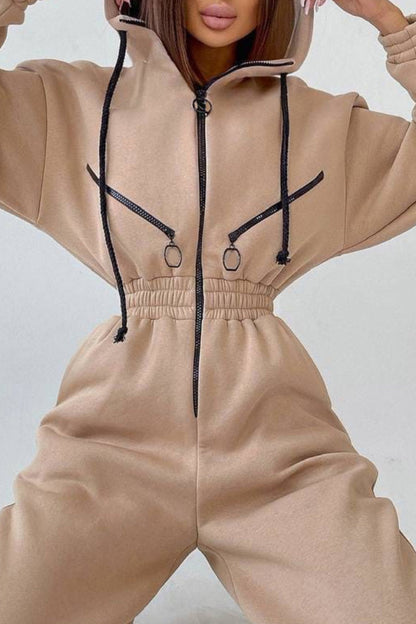 Street Solid Patchwork Hooded Collar Jumpsuits