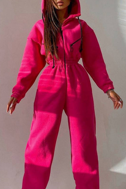 Street Solid Patchwork Hooded Collar Jumpsuits