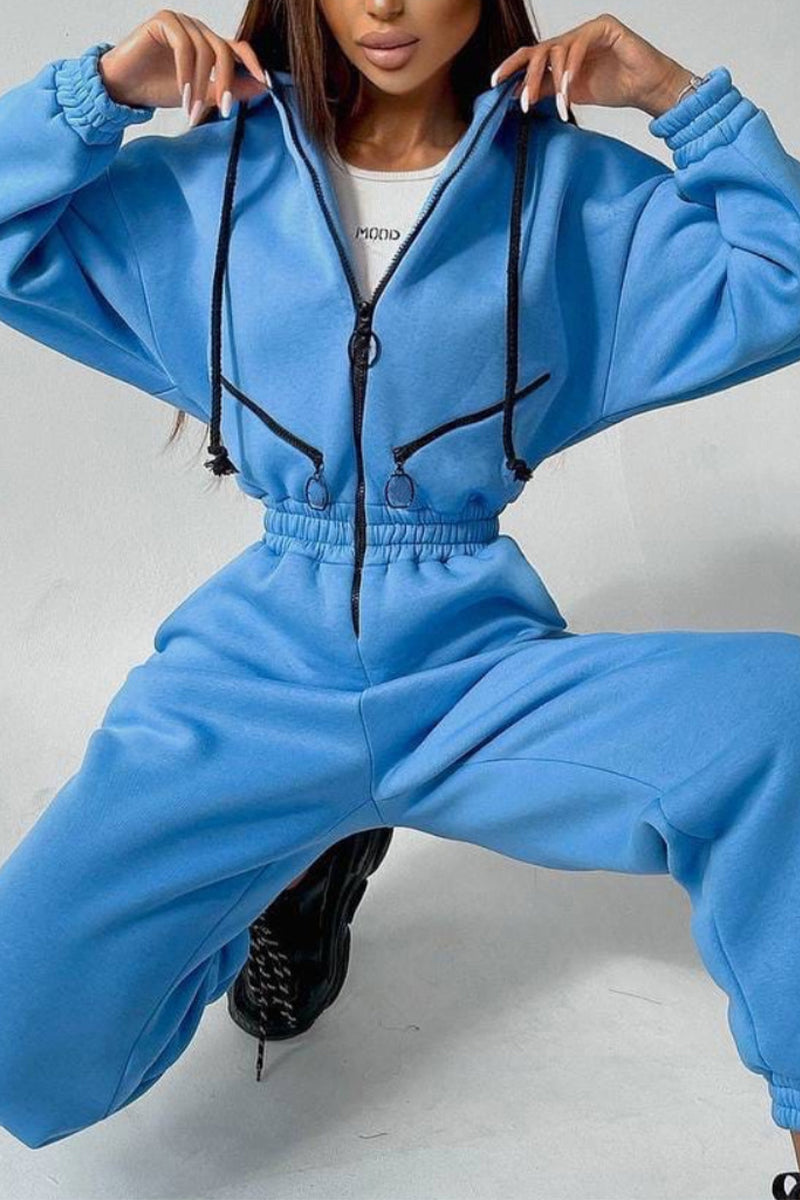 Street Solid Patchwork Hooded Collar Jumpsuits