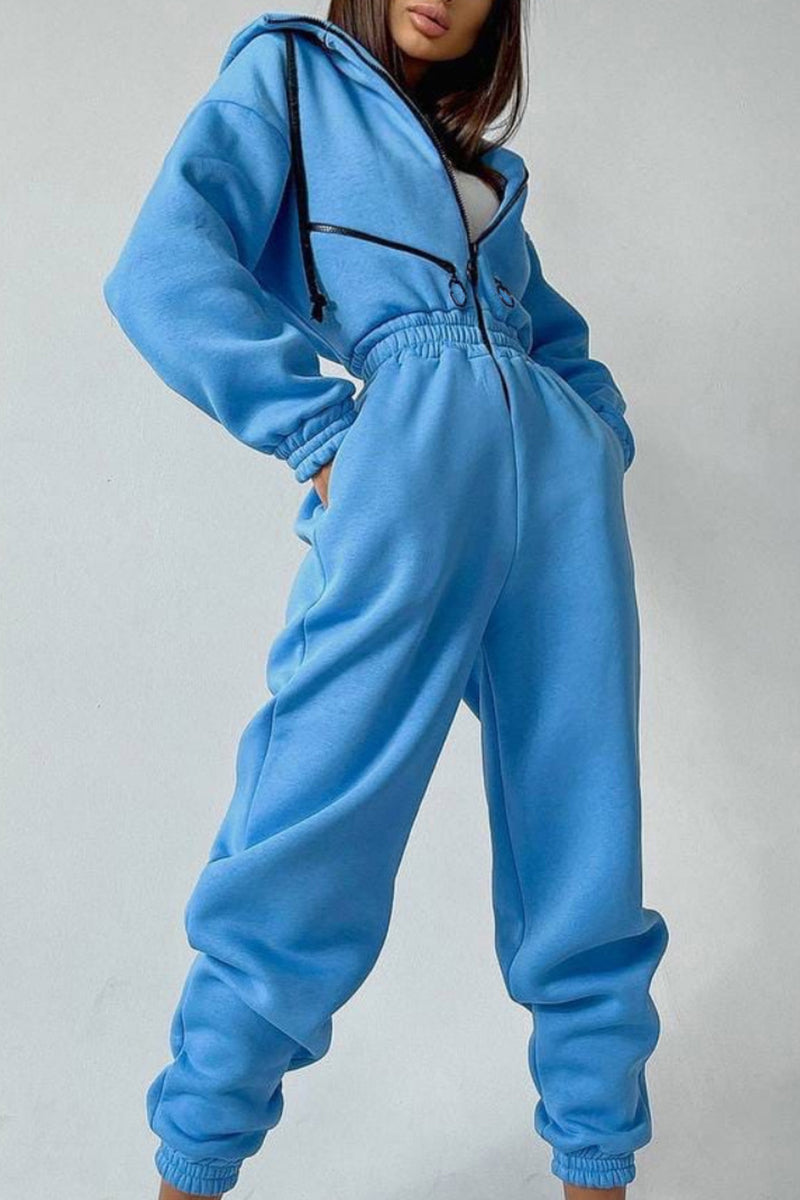 Street Solid Patchwork Hooded Collar Jumpsuits
