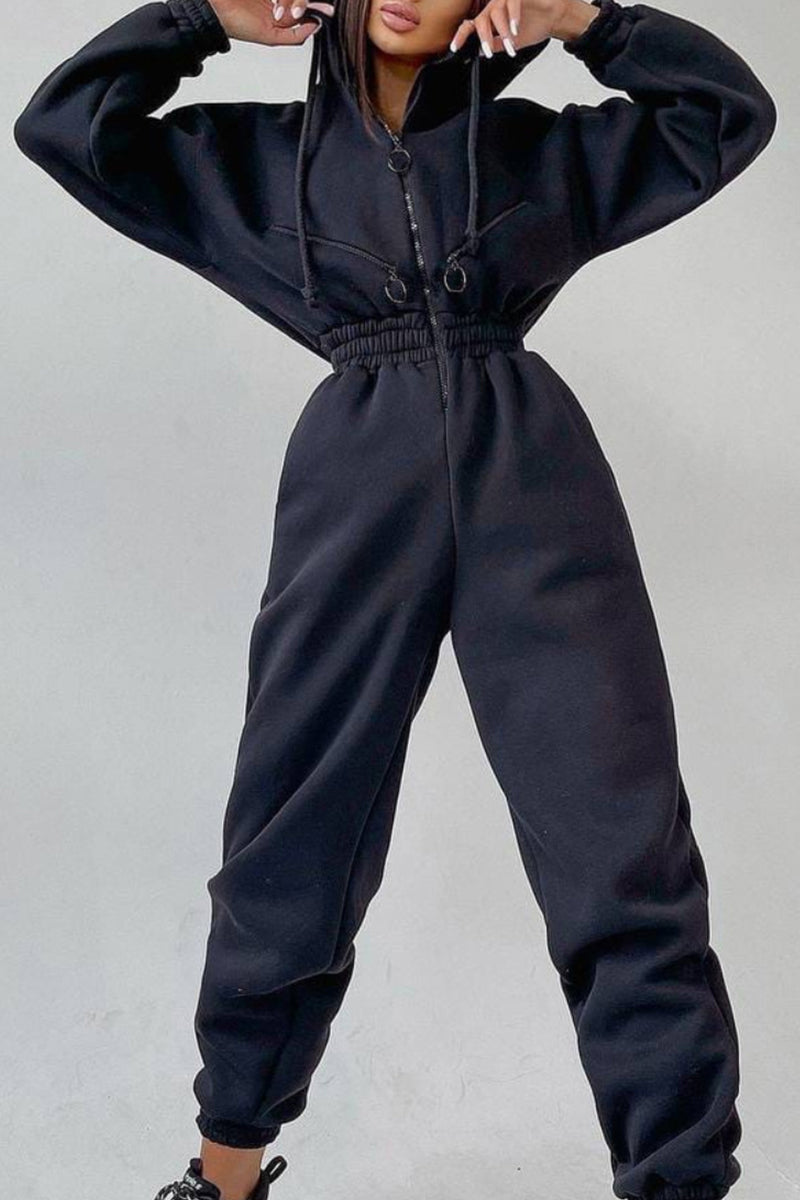 Street Solid Patchwork Hooded Collar Jumpsuits