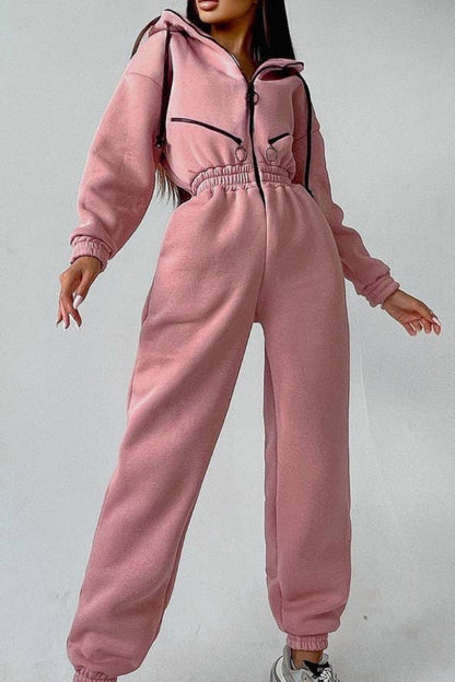 Street Solid Patchwork Hooded Collar Jumpsuits