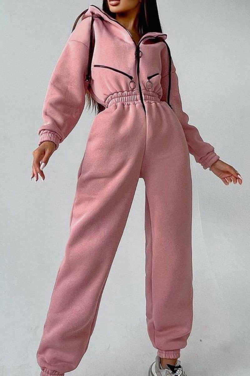 Street Solid Patchwork Hooded Collar Jumpsuits