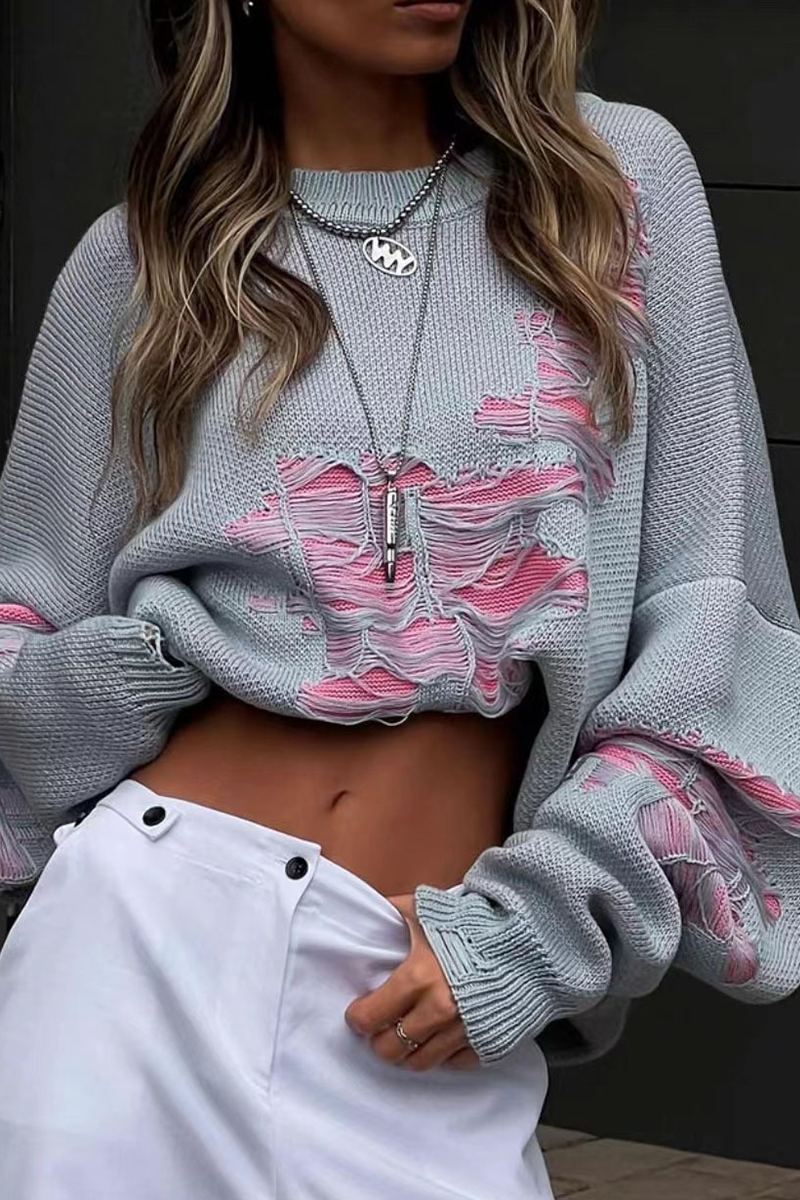 Blusa informal con cuello redondo, contraste y rotos en bloques de color (3 colores)