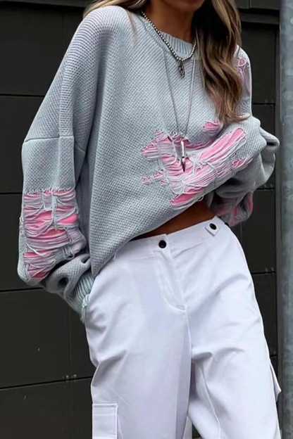 Blusa informal con cuello redondo, contraste y rotos en bloques de color (3 colores)