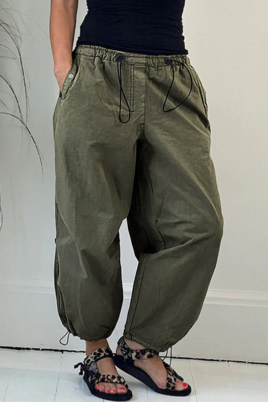 Pantalones casuales lisos con cordón, sueltos, de cintura media, rectos, de color liso