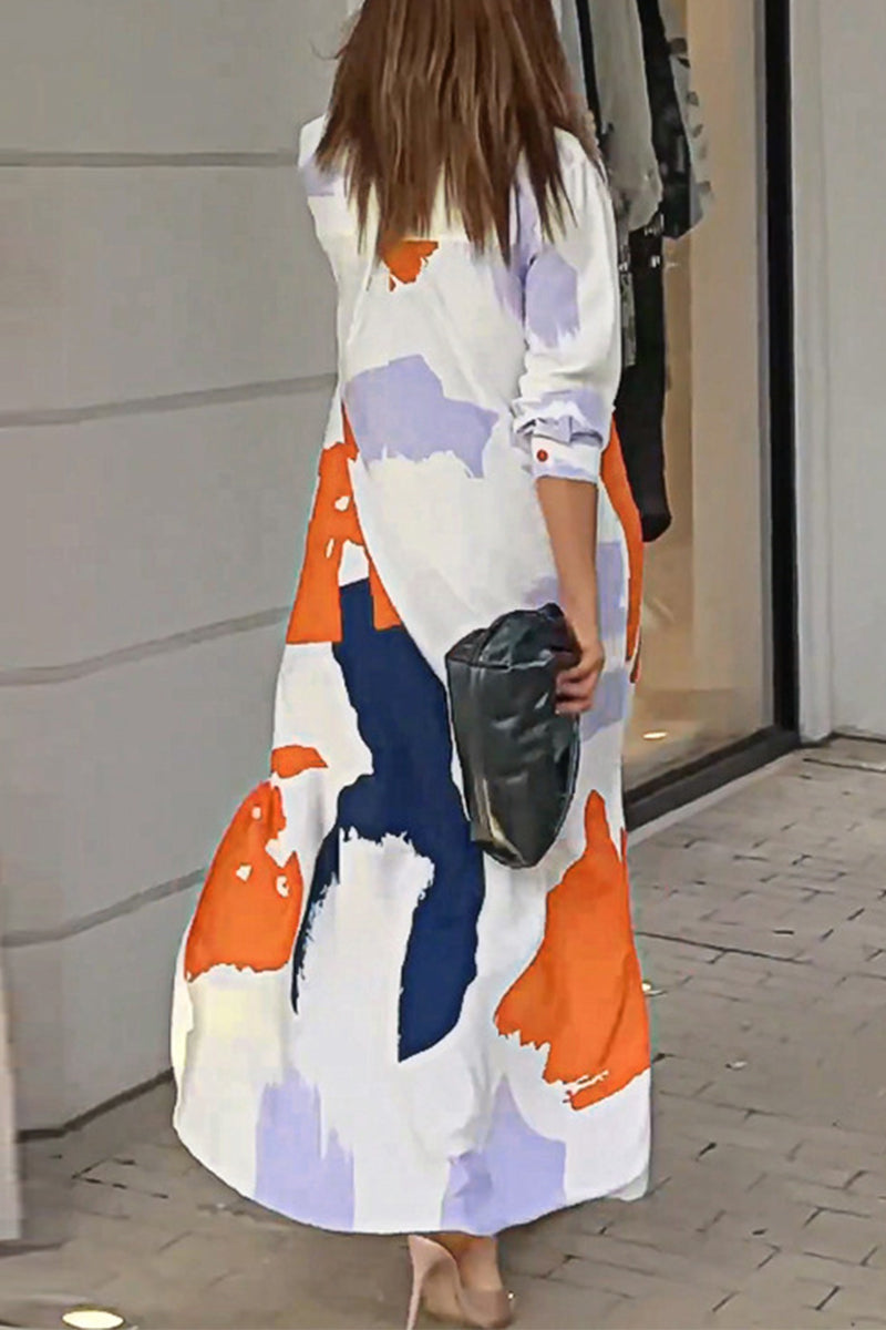 Casual Street Geometric Printing Turndown Collar Shirt Dress Dresses(9 Colors)