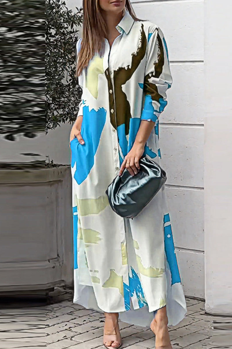 Casual Street Geometric Printing Turndown Collar Shirt Dress Dresses(9 Colors)