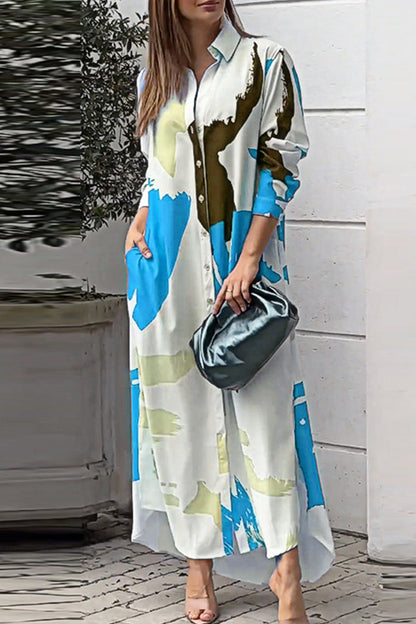 Casual Street Geometric Printing Turndown Collar Shirt Dress Dresses(9 Colors)